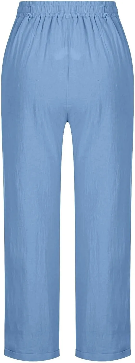 Womens Cotton Linen Straight Leg Pants Elastic Drawstring Casual Trousers with Pockets Summer Beach Loose Lounge Pant
