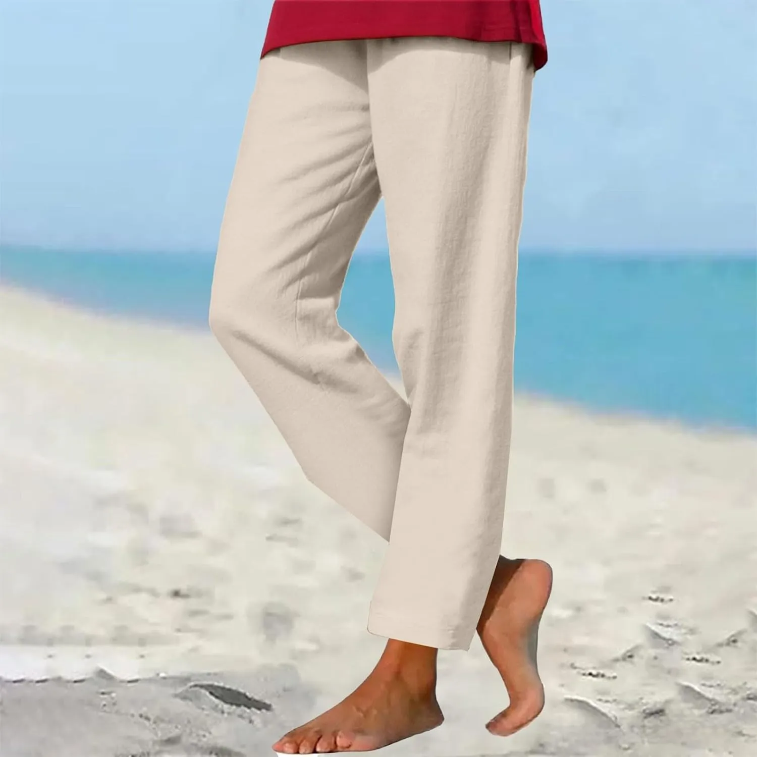 Womens Cotton Linen Straight Leg Pants Elastic Drawstring Casual Trousers with Pockets Summer Beach Loose Lounge Pant