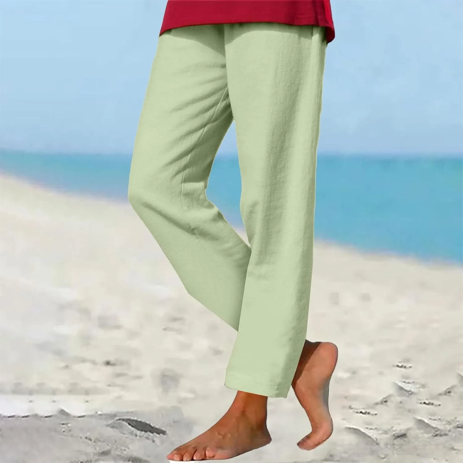 Womens Cotton Linen Straight Leg Pants Elastic Drawstring Casual Trousers with Pockets Summer Beach Loose Lounge Pant