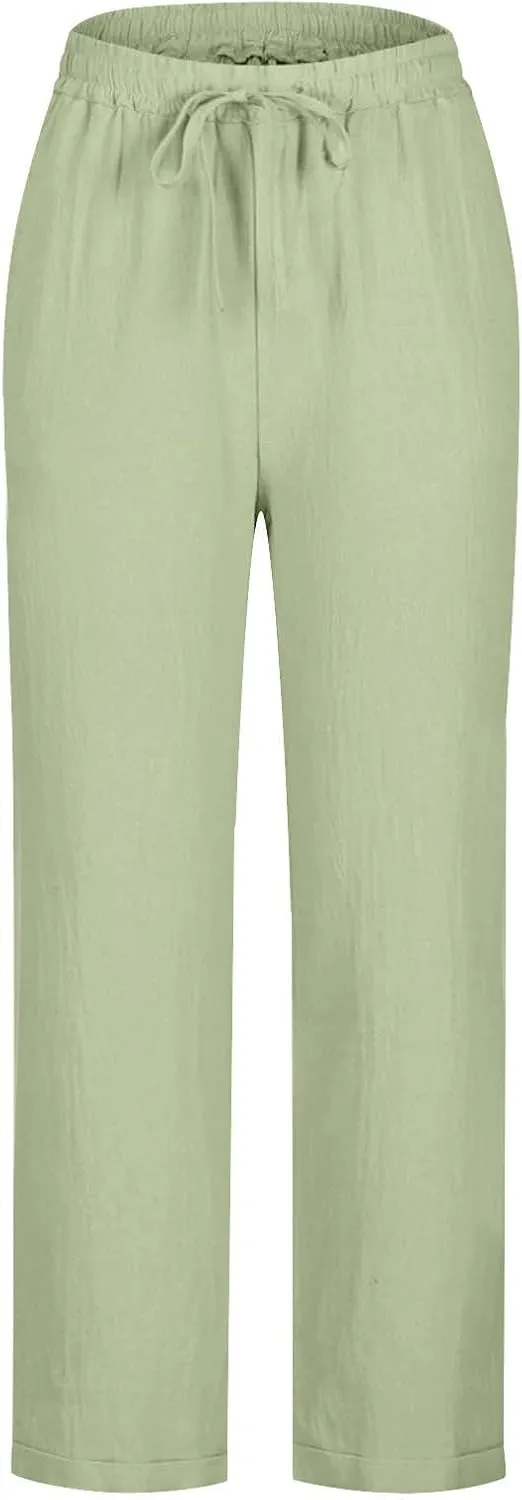 Womens Cotton Linen Straight Leg Pants Elastic Drawstring Casual Trousers with Pockets Summer Beach Loose Lounge Pant