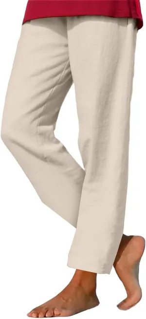 Womens Cotton Linen Straight Leg Pants Elastic Drawstring Casual Trousers with Pockets Summer Beach Loose Lounge Pant