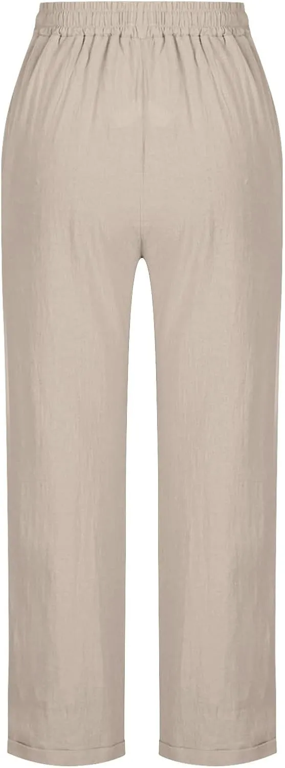 Womens Cotton Linen Straight Leg Pants Elastic Drawstring Casual Trousers with Pockets Summer Beach Loose Lounge Pant