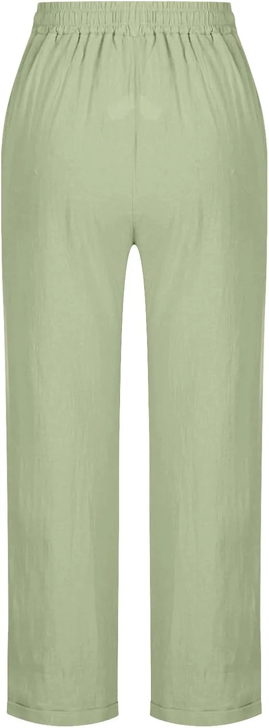 Womens Cotton Linen Straight Leg Pants Elastic Drawstring Casual Trousers with Pockets Summer Beach Loose Lounge Pant