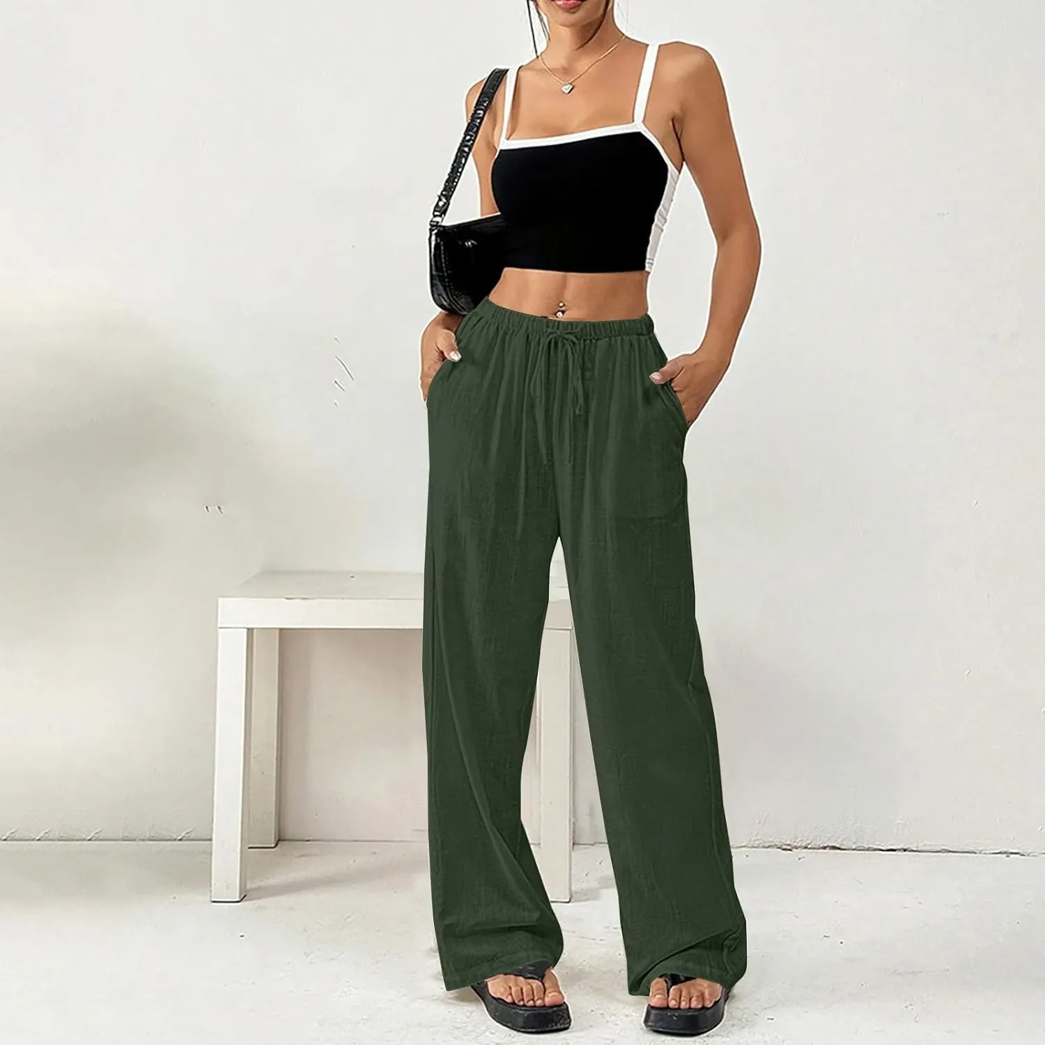 Women's Cotton Linen Straight Leg Pants Elastic Drawstring Lightweight Trousers with Pockets Summer Beach Lounge Pant
