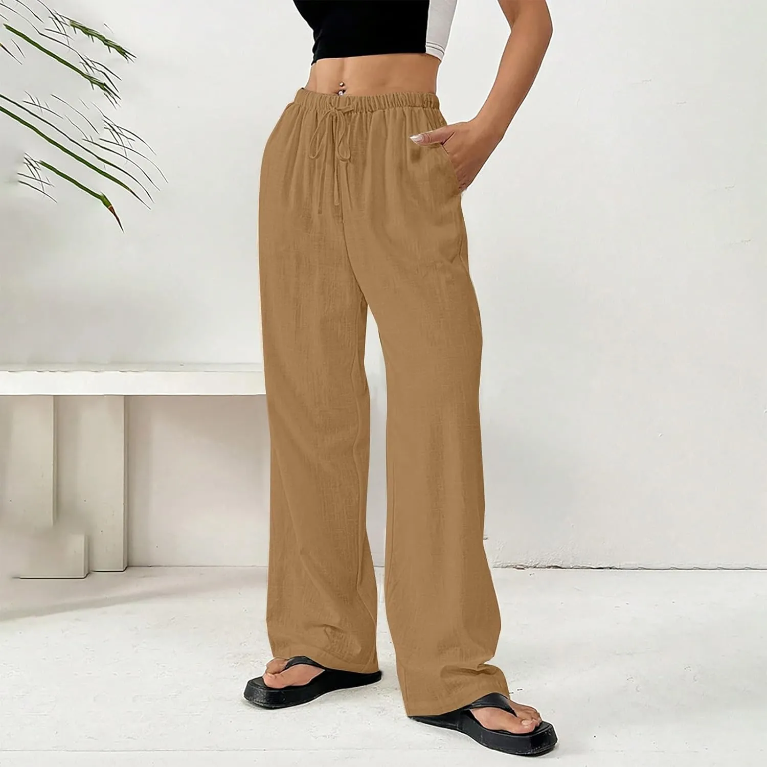 Women's Cotton Linen Straight Leg Pants Elastic Drawstring Lightweight Trousers with Pockets Summer Beach Lounge Pant
