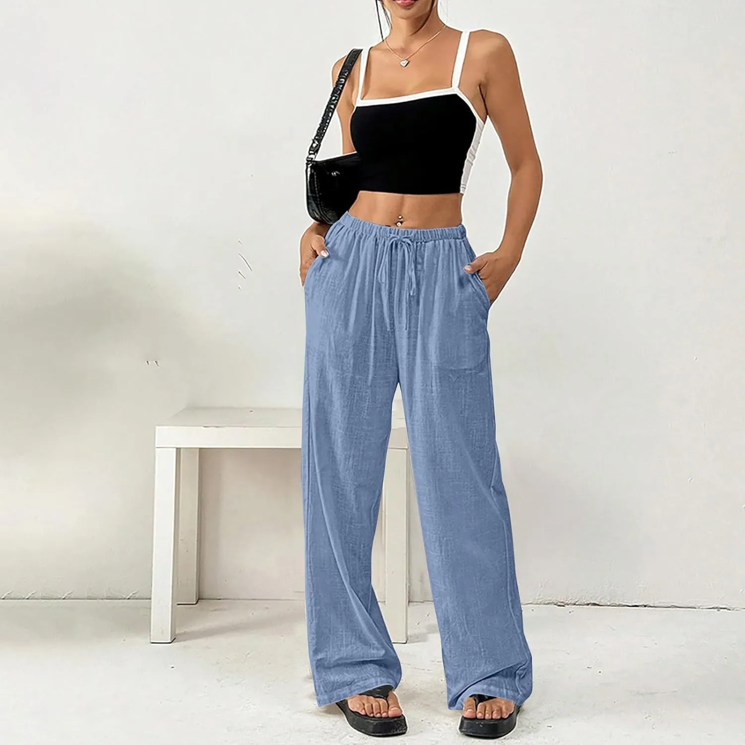 Women's Cotton Linen Straight Leg Pants Elastic Drawstring Lightweight Trousers with Pockets Summer Beach Lounge Pant