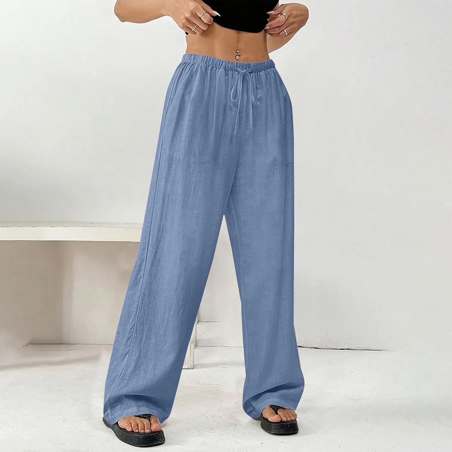 Women's Cotton Linen Straight Leg Pants Elastic Drawstring Lightweight Trousers with Pockets Summer Beach Lounge Pant