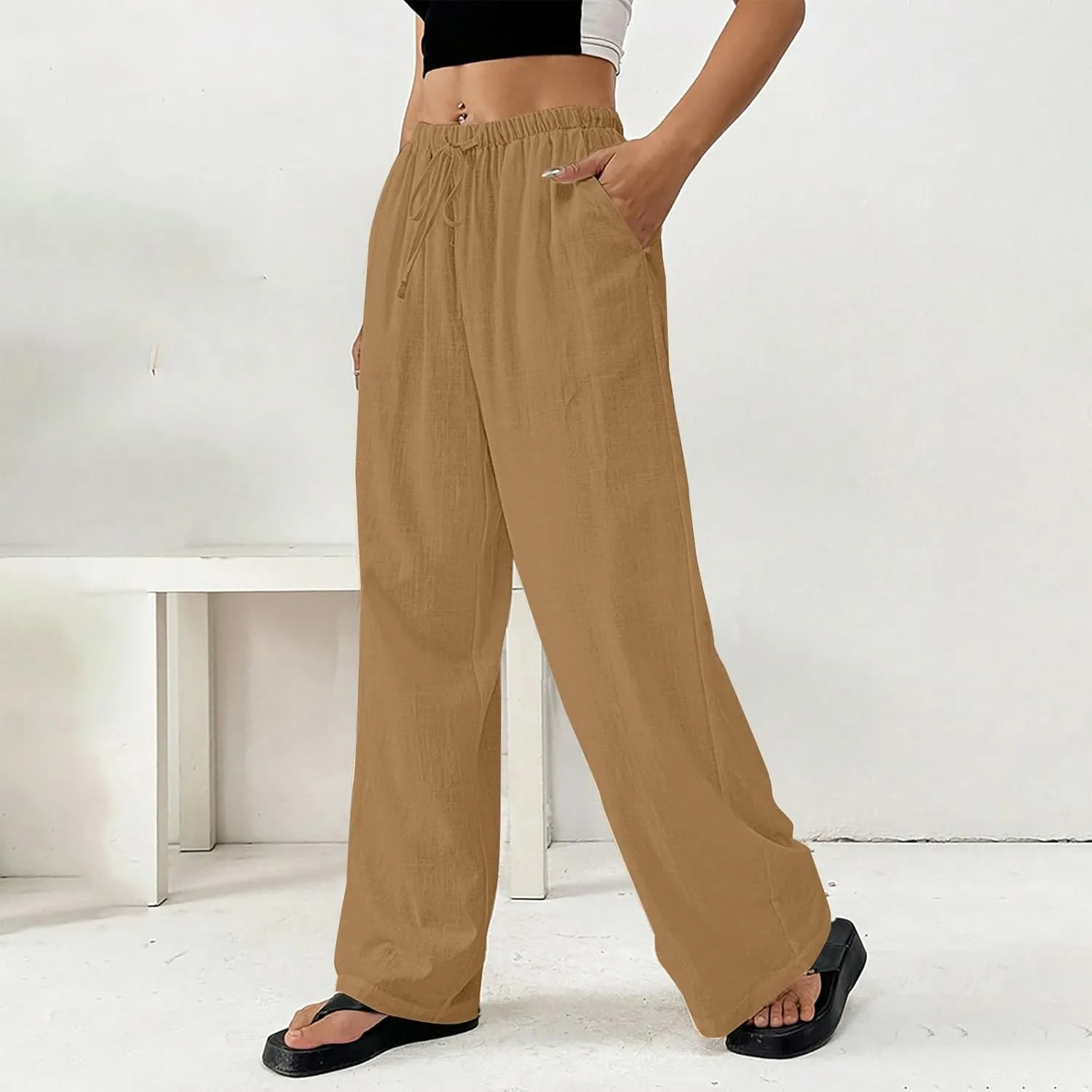 Women's Cotton Linen Straight Leg Pants Elastic Drawstring Lightweight Trousers with Pockets Summer Beach Lounge Pant