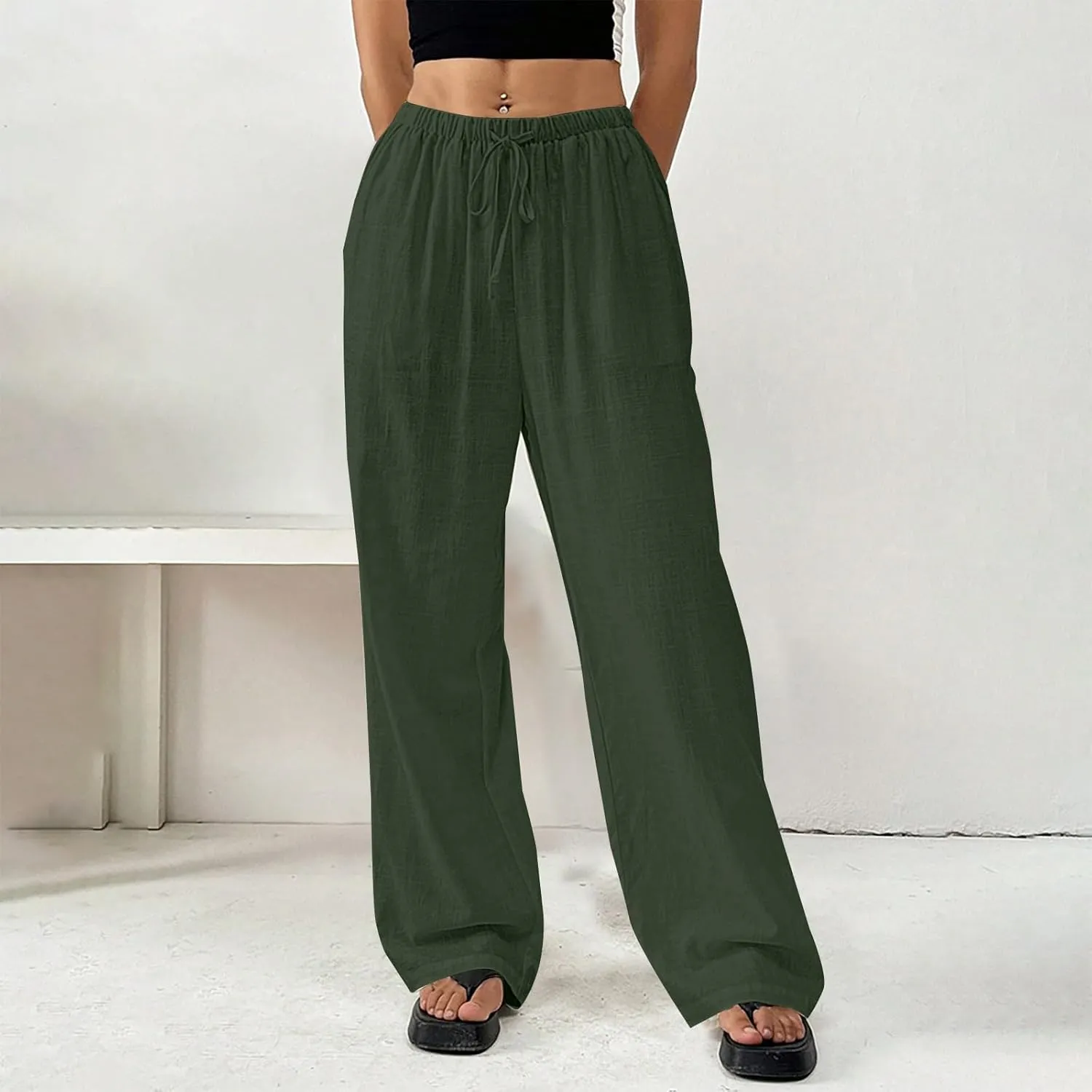 Women's Cotton Linen Straight Leg Pants Elastic Drawstring Lightweight Trousers with Pockets Summer Beach Lounge Pant