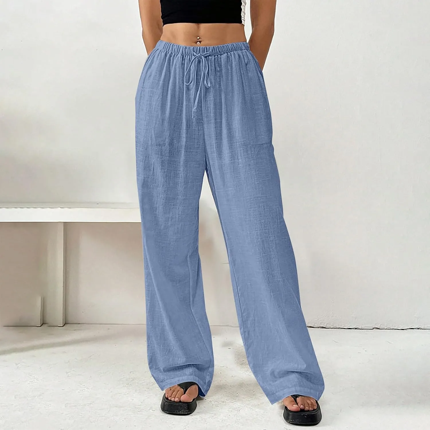 Women's Cotton Linen Straight Leg Pants Elastic Drawstring Lightweight Trousers with Pockets Summer Beach Lounge Pant