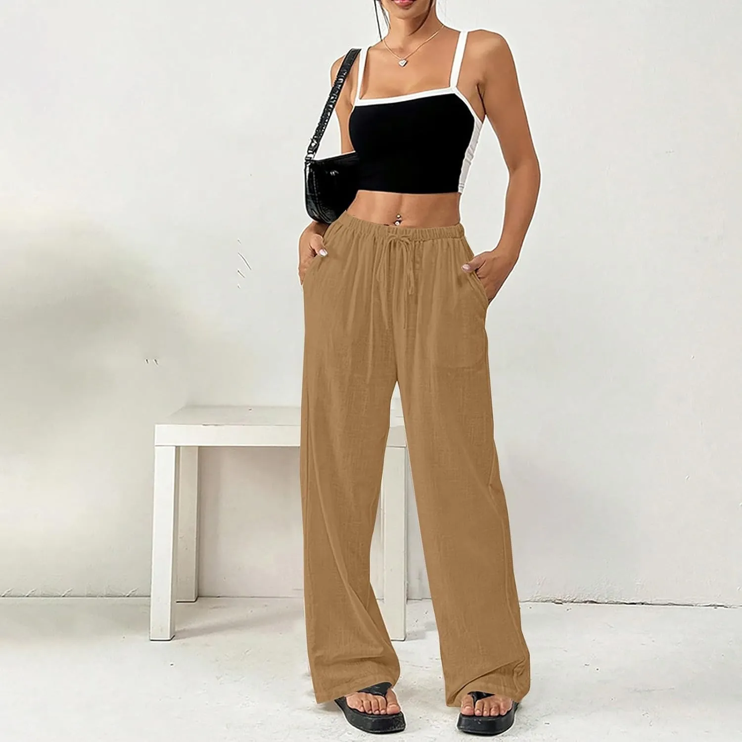 Women's Cotton Linen Straight Leg Pants Elastic Drawstring Lightweight Trousers with Pockets Summer Beach Lounge Pant