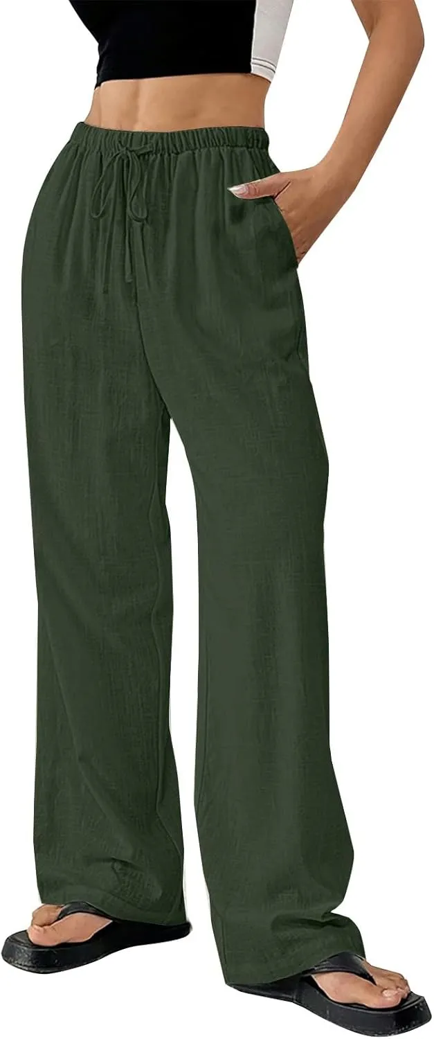 Women's Cotton Linen Straight Leg Pants Elastic Drawstring Lightweight Trousers with Pockets Summer Beach Lounge Pant