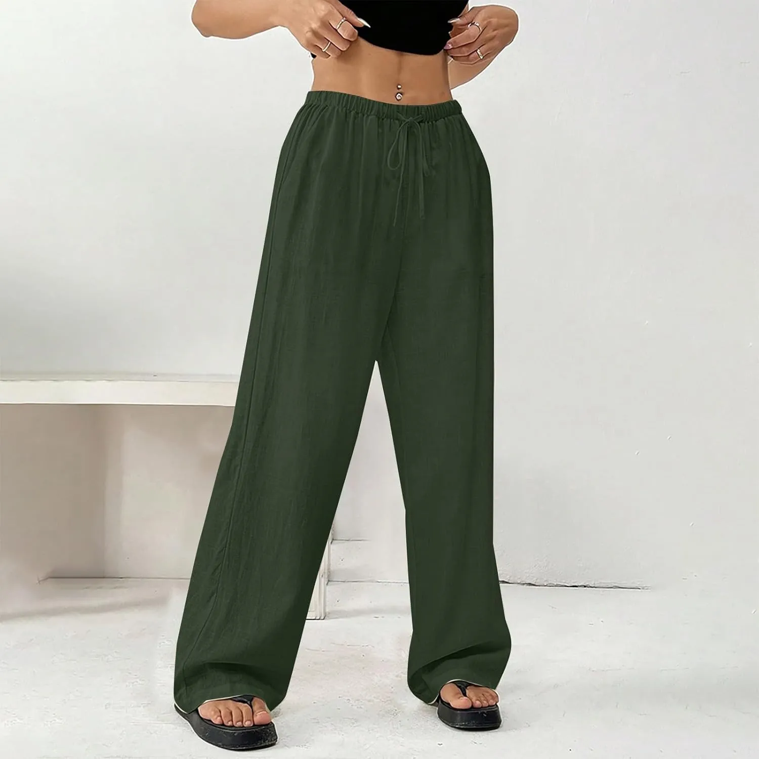 Women's Cotton Linen Straight Leg Pants Elastic Drawstring Lightweight Trousers with Pockets Summer Beach Lounge Pant