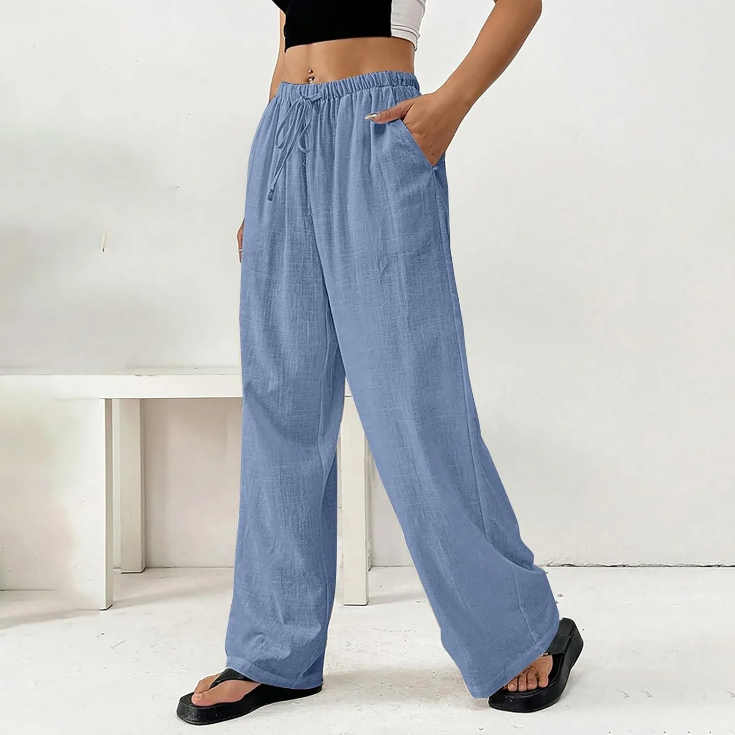 Women's Cotton Linen Straight Leg Pants Elastic Drawstring Lightweight Trousers with Pockets Summer Beach Lounge Pant