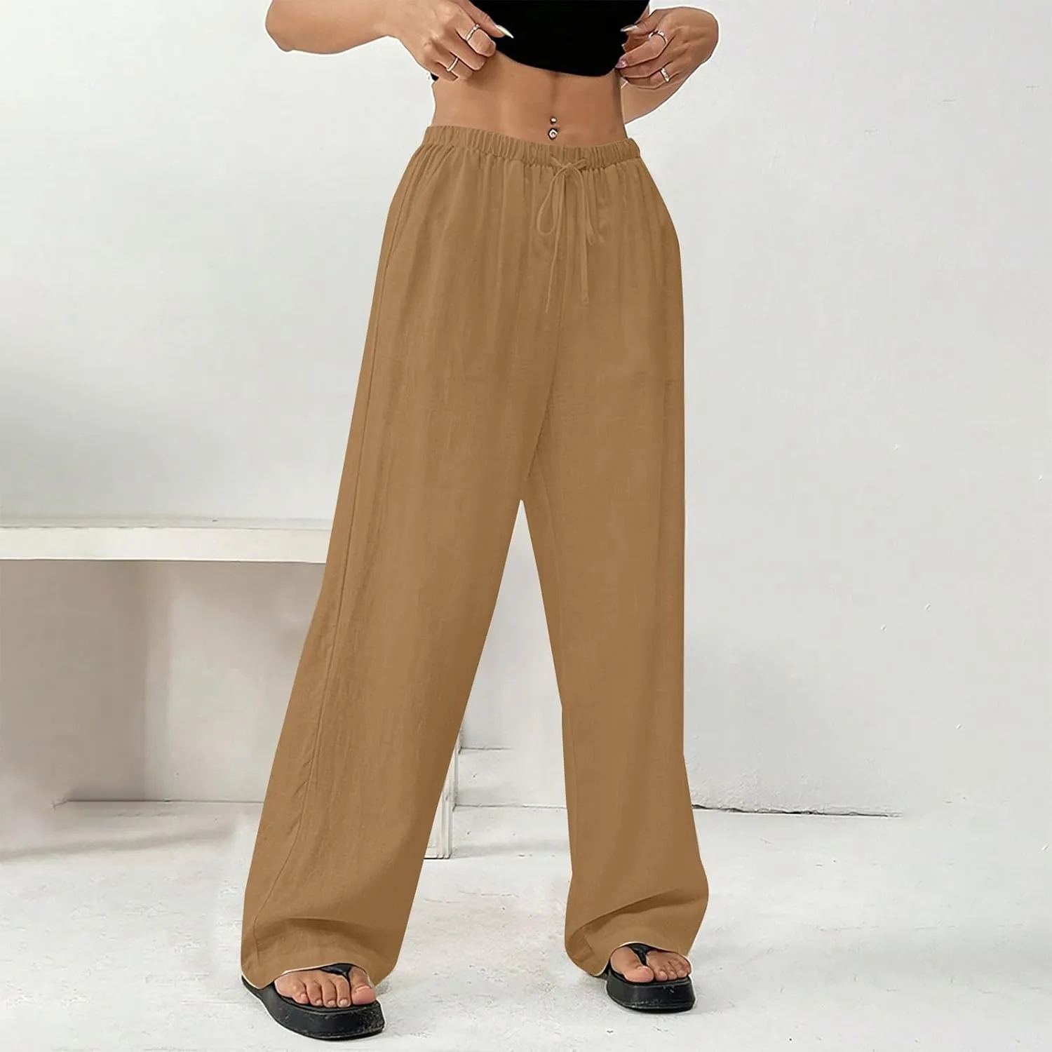 Women's Cotton Linen Straight Leg Pants Elastic Drawstring Lightweight Trousers with Pockets Summer Beach Lounge Pant