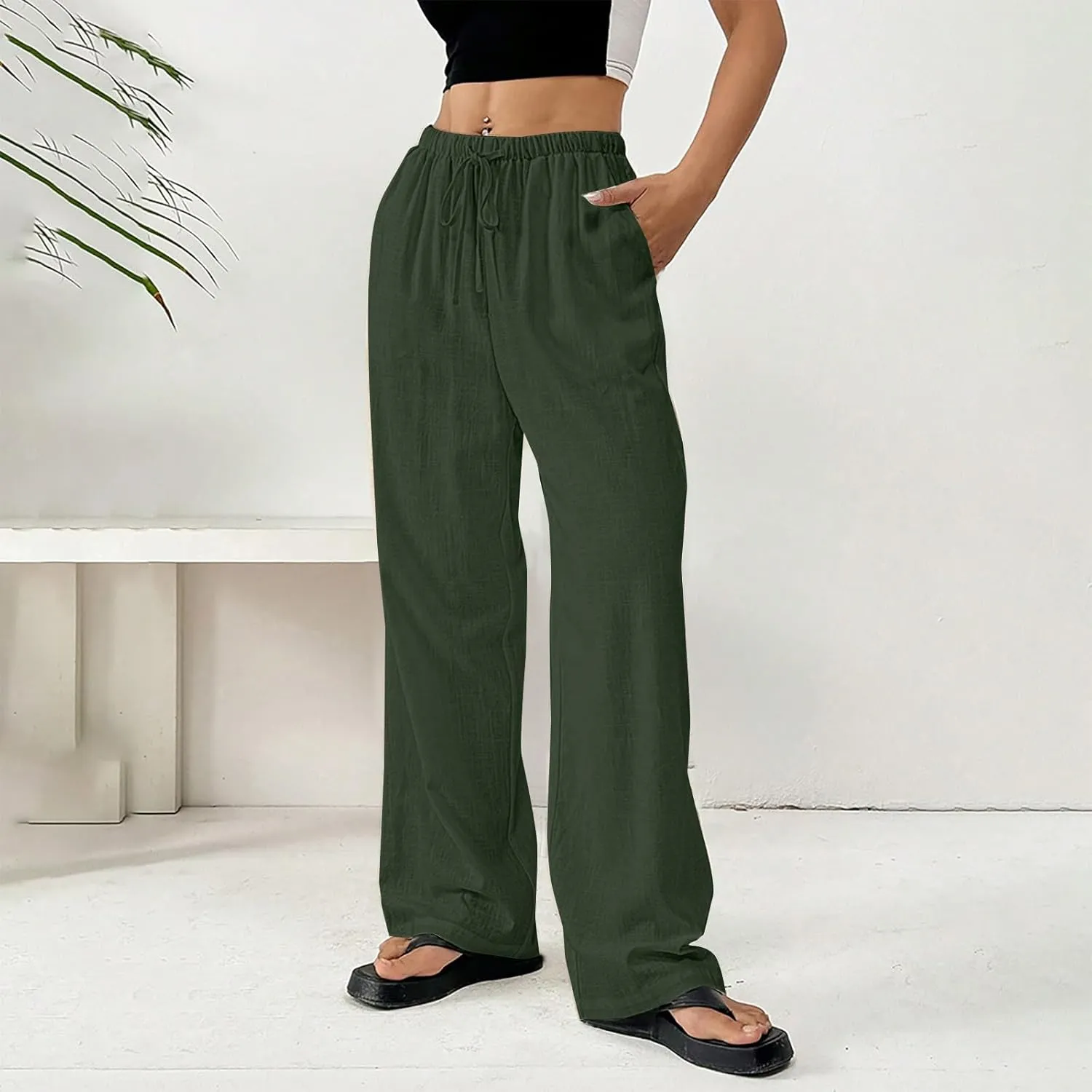 Women's Cotton Linen Straight Leg Pants Elastic Drawstring Lightweight Trousers with Pockets Summer Beach Lounge Pant