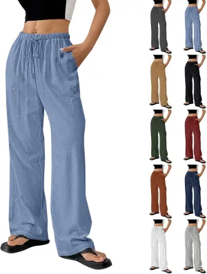 Women's Cotton Linen Straight Leg Pants Elastic Drawstring Lightweight Trousers with Pockets Summer Beach Lounge Pant