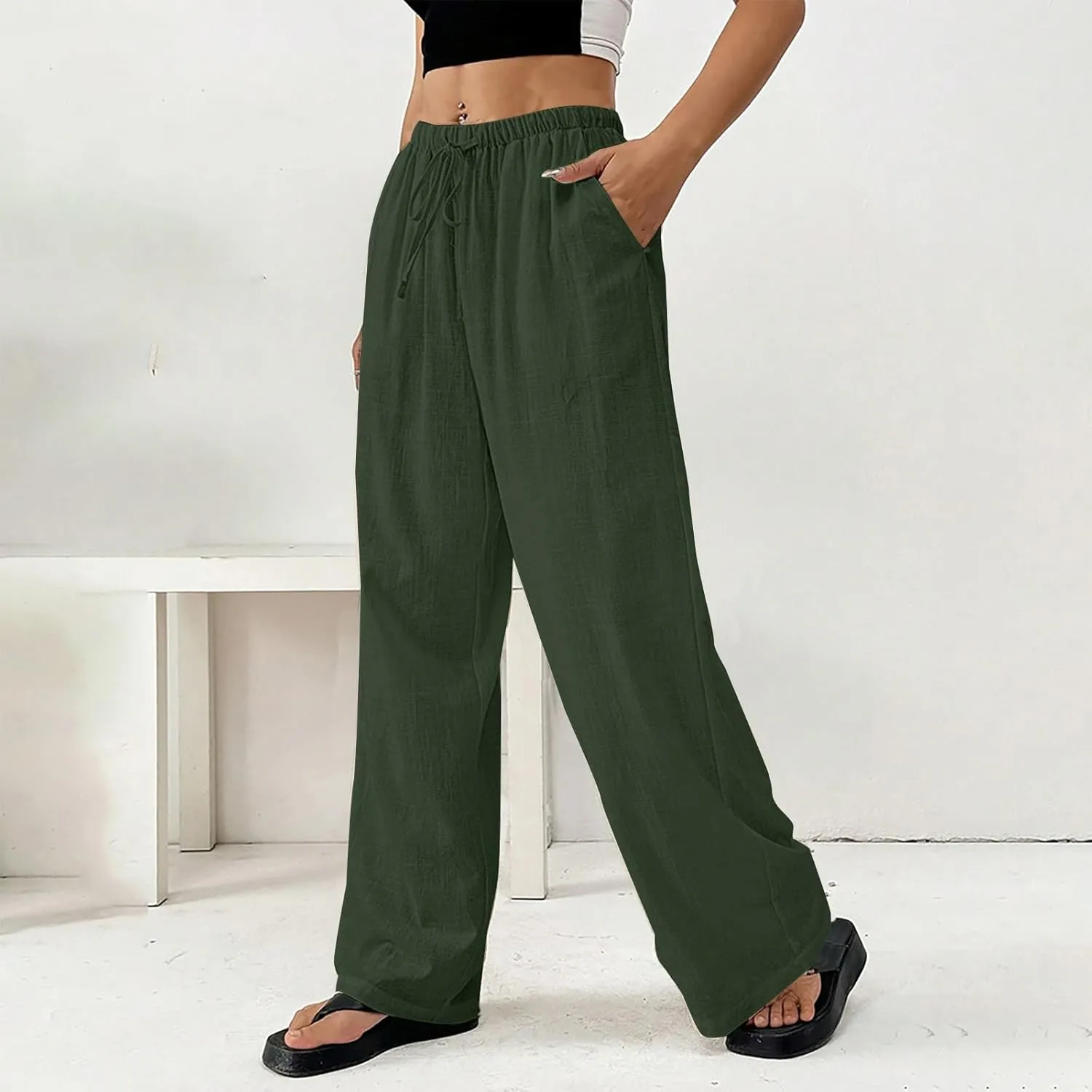Women's Cotton Linen Straight Leg Pants Elastic Drawstring Lightweight Trousers with Pockets Summer Beach Lounge Pant