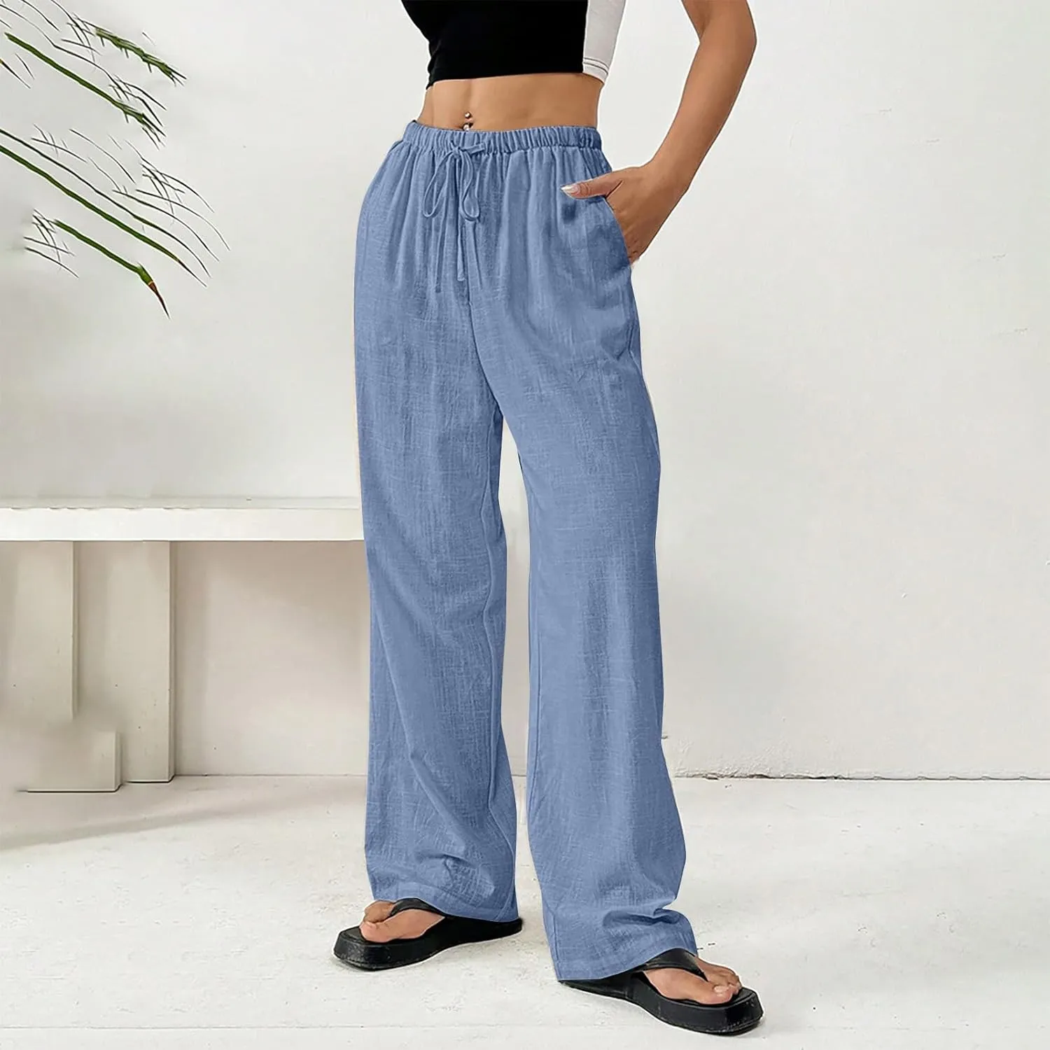 Women's Cotton Linen Straight Leg Pants Elastic Drawstring Lightweight Trousers with Pockets Summer Beach Lounge Pant