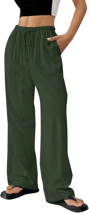 Women's Cotton Linen Straight Leg Pants Elastic Drawstring Lightweight Trousers with Pockets Summer Beach Lounge Pant