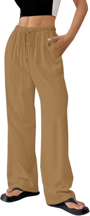 Women's Cotton Linen Straight Leg Pants Elastic Drawstring Lightweight Trousers with Pockets Summer Beach Lounge Pant