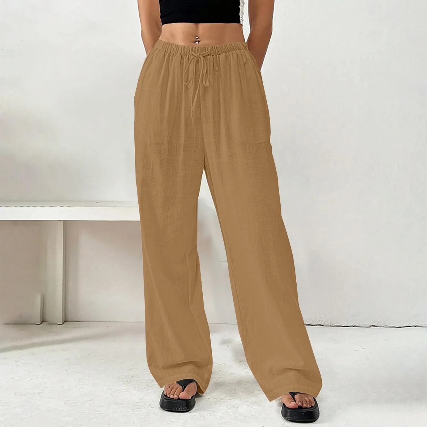Women's Cotton Linen Straight Leg Pants Elastic Drawstring Lightweight Trousers with Pockets Summer Beach Lounge Pant