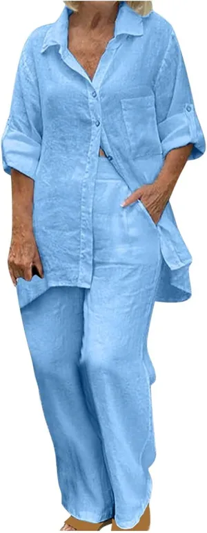 Women's Cotton Linen Two Piece Work Suits Summer Ladies Oversized Tops and Pants Sets Dressy Casual Solid Outfits