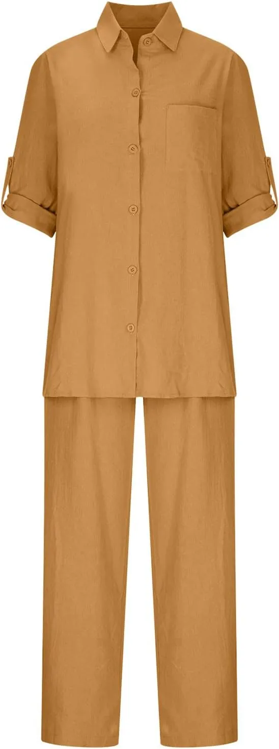 Women's Cotton Linen Two Piece Work Suits Summer Ladies Oversized Tops and Pants Sets Dressy Casual Solid Outfits