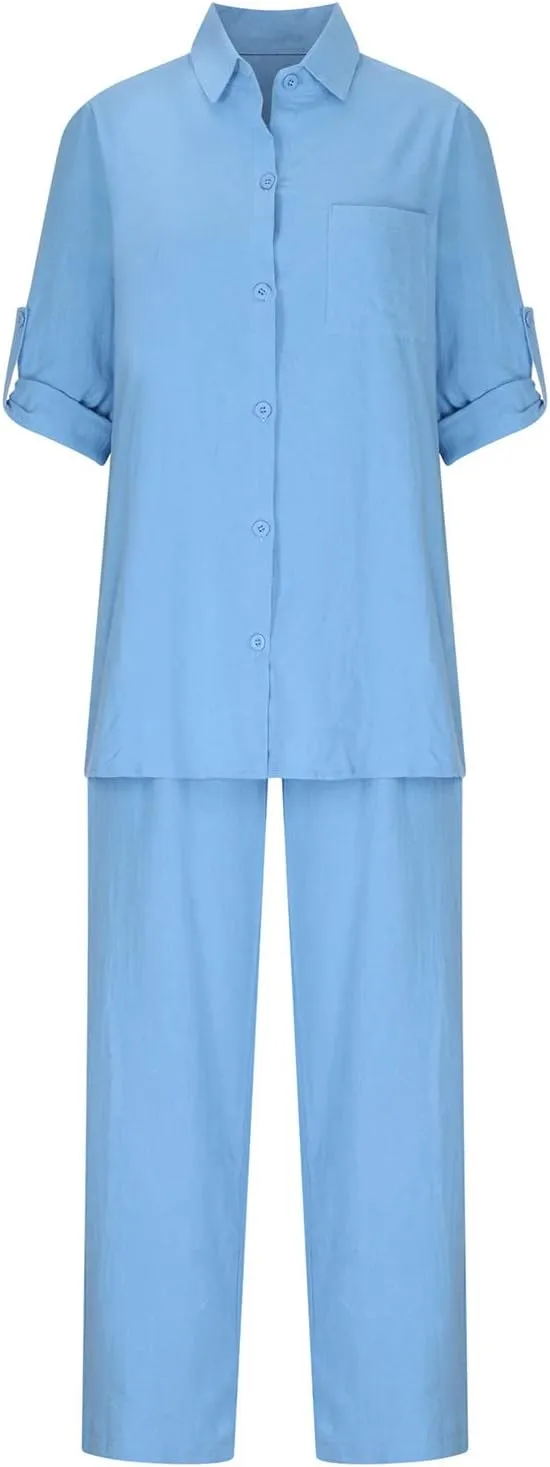 Women's Cotton Linen Two Piece Work Suits Summer Ladies Oversized Tops and Pants Sets Dressy Casual Solid Outfits