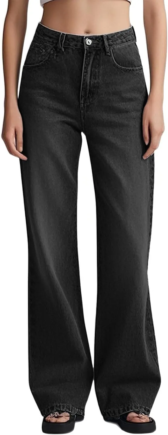 Women's Drawstring Wide Leg Jeans High Elastic Waisted Stretch Frayed Loose Fit Trouser Jeans Denim Pants