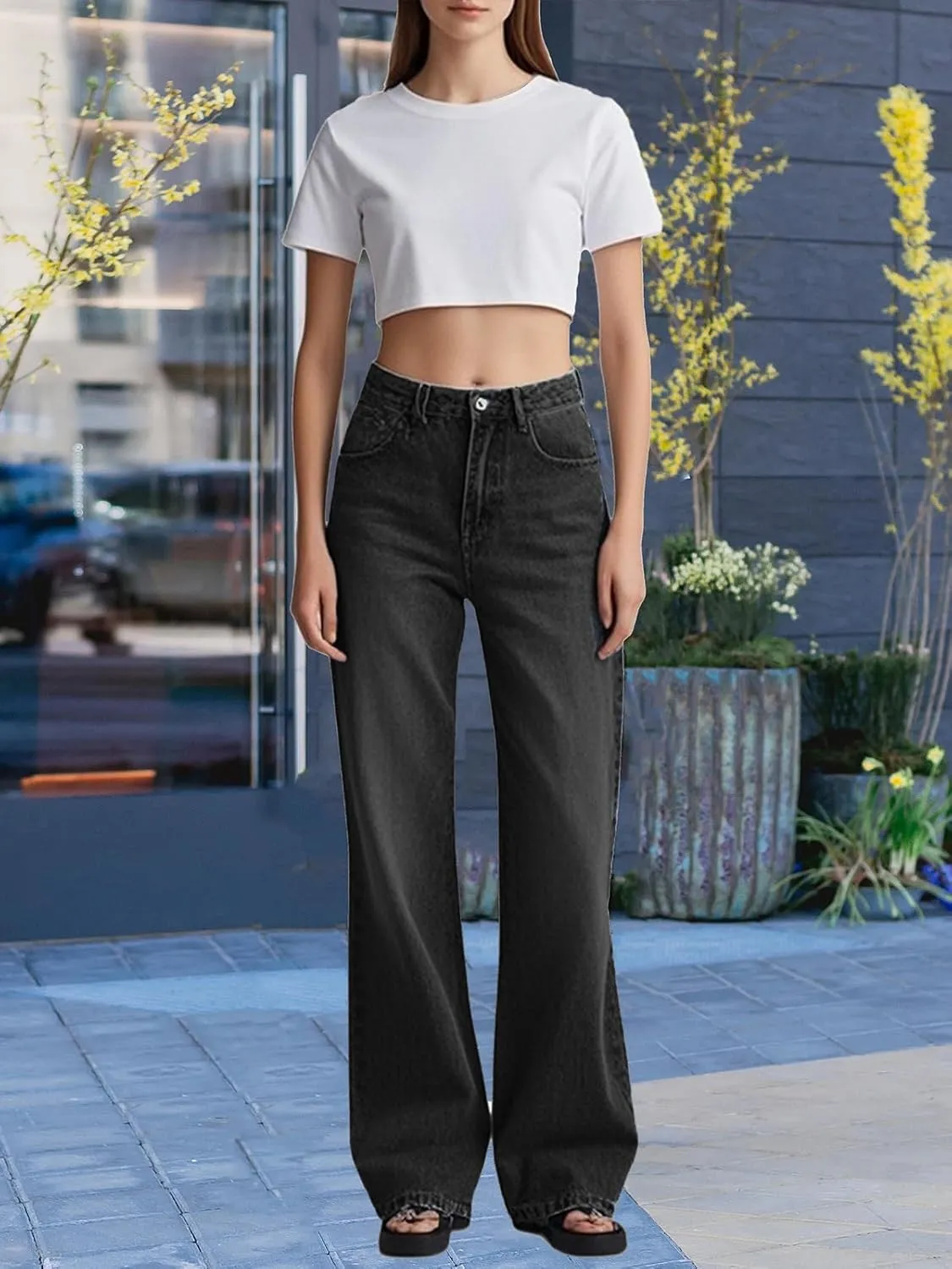 Women's Drawstring Wide Leg Jeans High Elastic Waisted Stretch Frayed Loose Fit Trouser Jeans Denim Pants