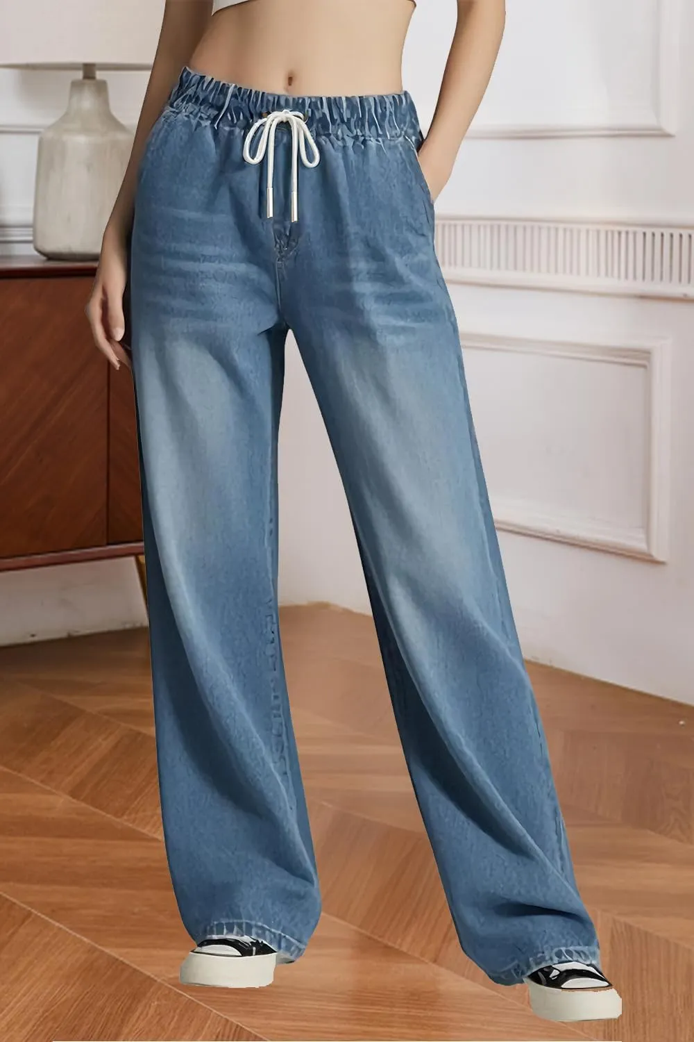 Women's Drawstring Wide Leg Jeans High Elastic Waisted Stretch Frayed Loose Fit Trouser Jeans Denim Pants