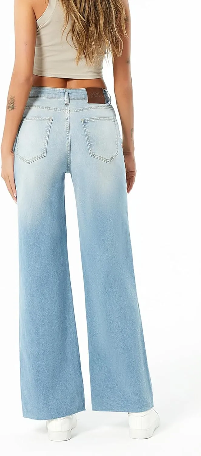 Women's Drawstring Wide Leg Jeans High Elastic Waisted Stretch Frayed Loose Fit Trouser Jeans Denim Pants