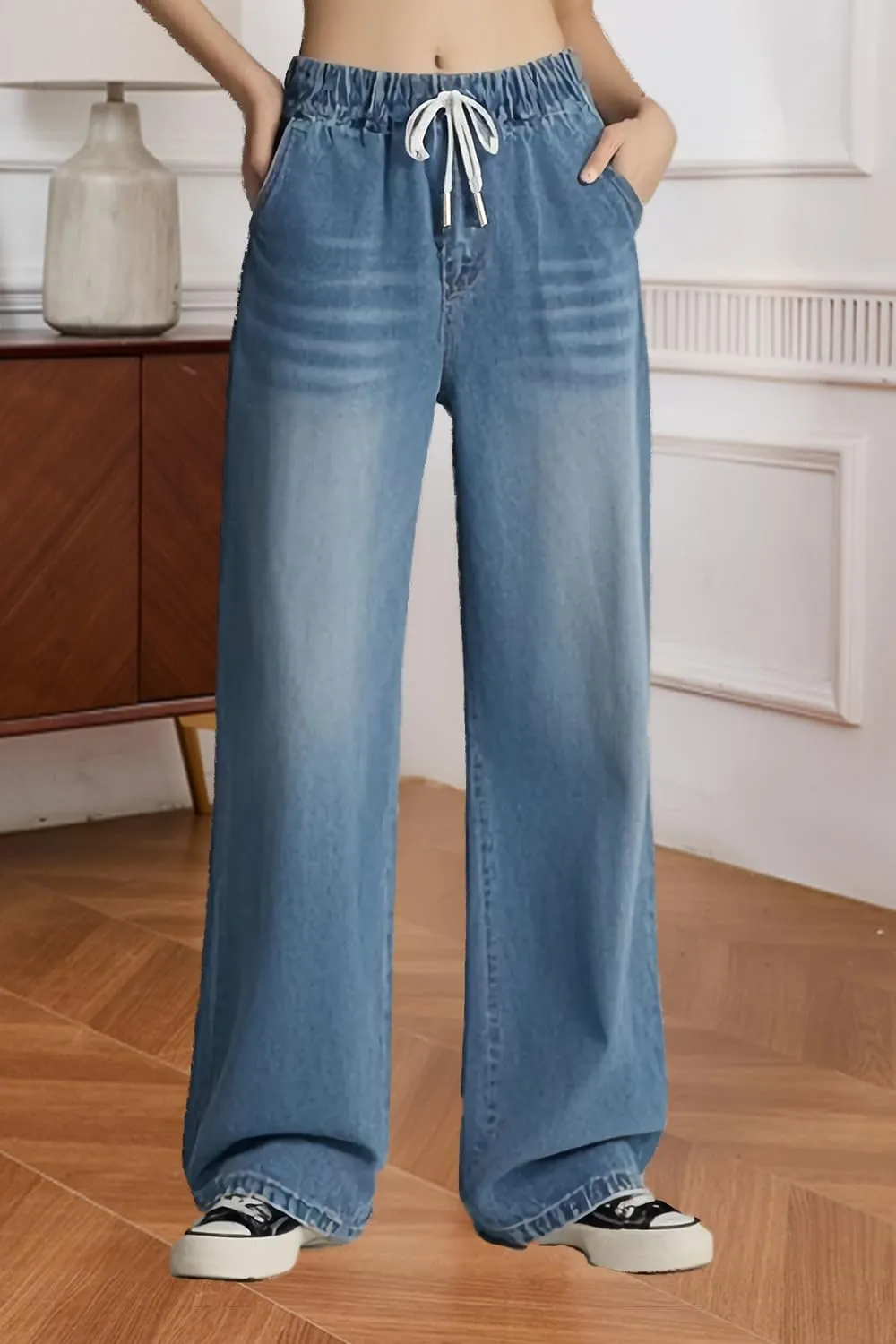 Women's Drawstring Wide Leg Jeans High Elastic Waisted Stretch Frayed Loose Fit Trouser Jeans Denim Pants