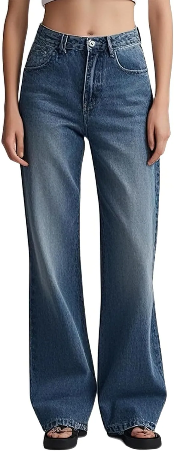 Women's Drawstring Wide Leg Jeans High Elastic Waisted Stretch Frayed Loose Fit Trouser Jeans Denim Pants