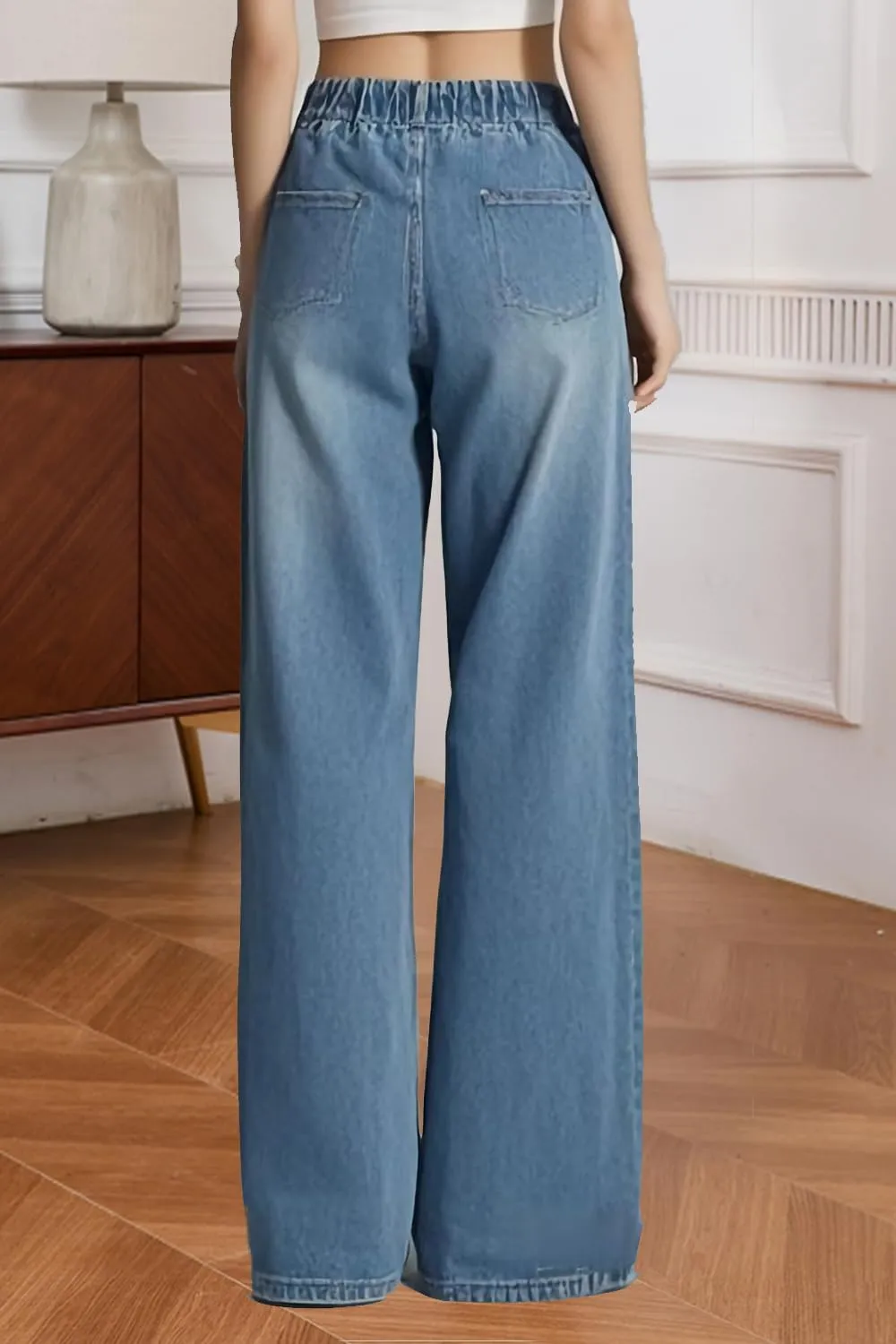 Women's Drawstring Wide Leg Jeans High Elastic Waisted Stretch Frayed Loose Fit Trouser Jeans Denim Pants