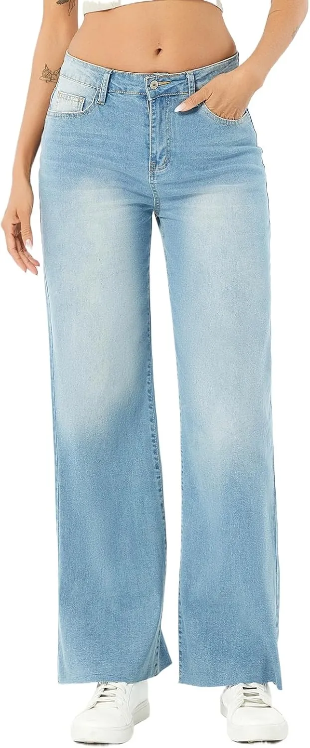 Women's Drawstring Wide Leg Jeans High Elastic Waisted Stretch Frayed Loose Fit Trouser Jeans Denim Pants