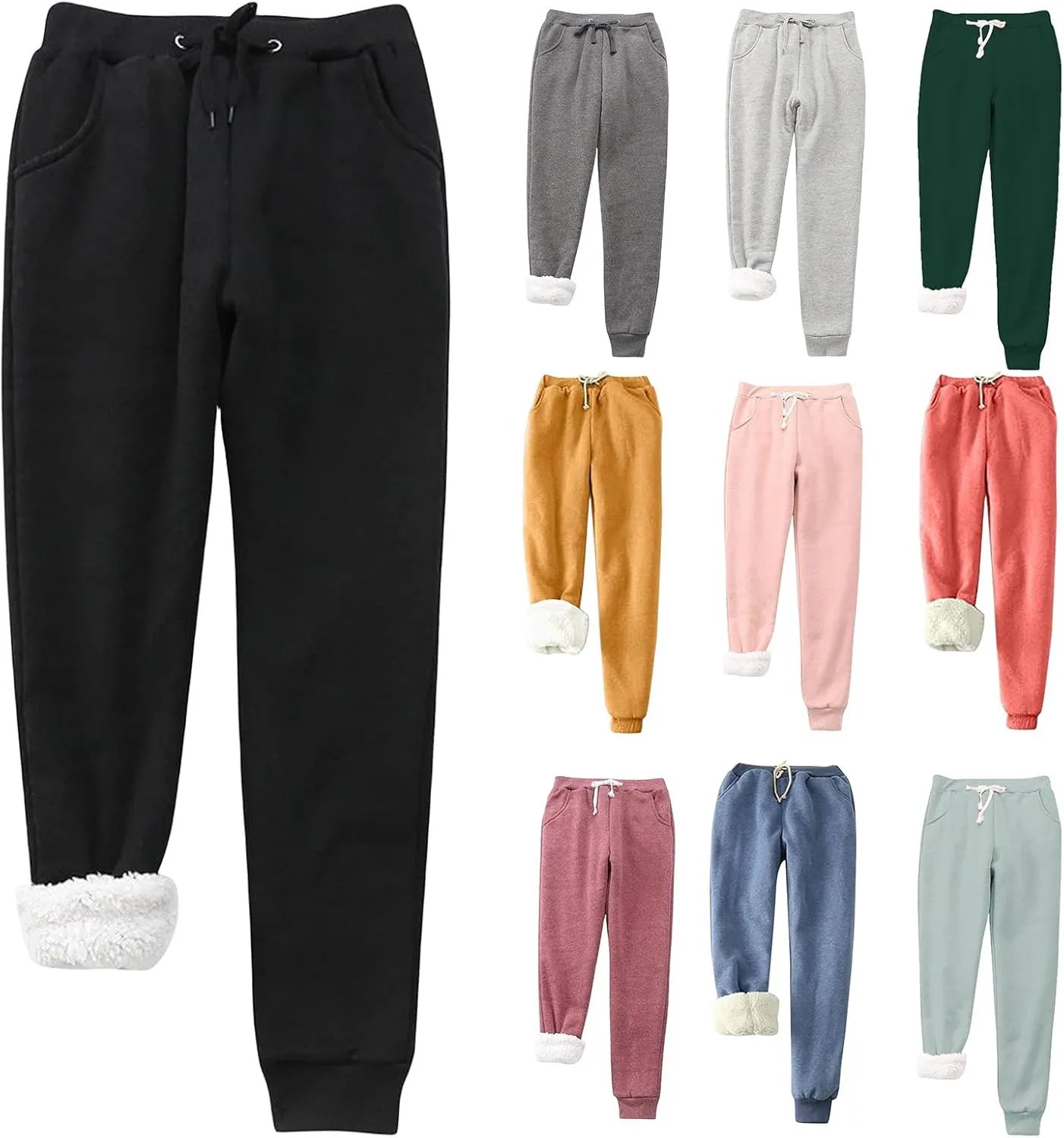 Womens Fleece Joggers Sherpa Lined Sweatpants Drawstring Waist Pants Casual Loungewear Loose Pants with Pockets