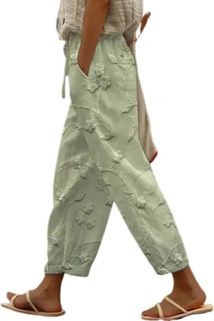 Womens Floral Prirted Linen Pants Summer Beach Summer Loose Fit Straight Leg Crop Trousers with Pockets