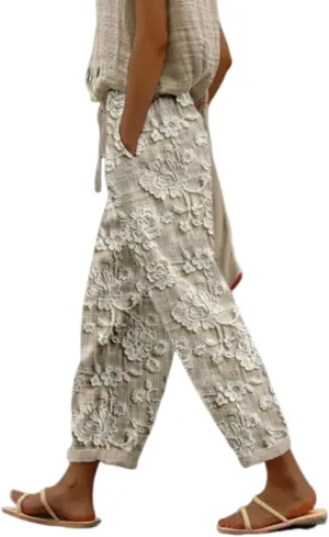 Womens Floral Prirted Linen Pants Summer Beach Summer Loose Fit Straight Leg Crop Trousers with Pockets