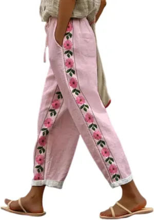 Womens Floral Prirted Linen Pants Summer Beach Summer Loose Fit Straight Leg Crop Trousers with Pockets