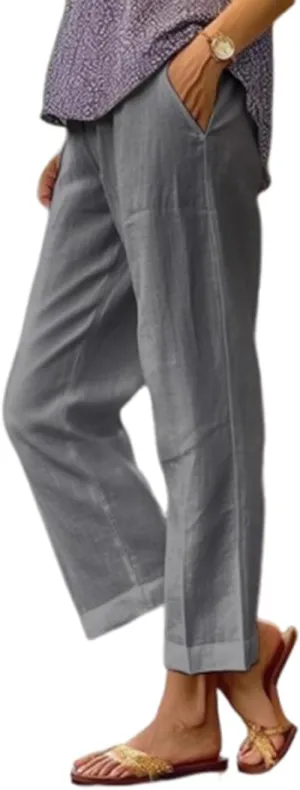 Womens Floral Prirted Linen Pants Summer Beach Summer Loose Fit Straight Leg Crop Trousers with Pockets