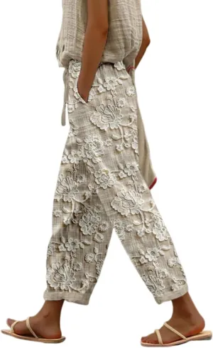 Womens Floral Prirted Linen Pants Summer Beach Summer Loose Fit Straight Leg Crop Trousers with Pockets