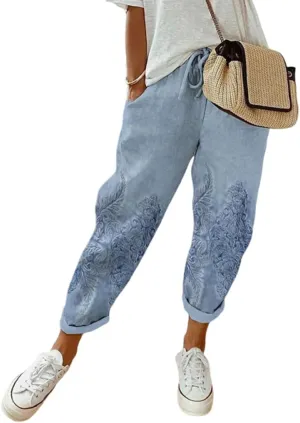 Womens Floral Prirted Linen Pants Summer Beach Summer Loose Fit Straight Leg Crop Trousers with Pockets