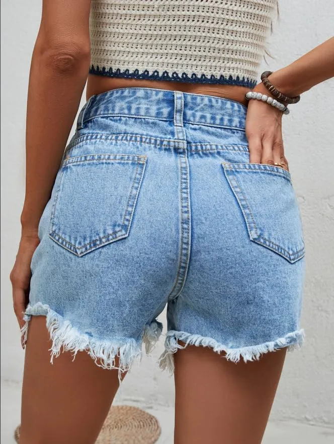 Women's High Waisted Denim Shorts Ripped Distressed Casual Raw Hem Jeans Shorts with Frayed Edge