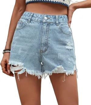 Women's High Waisted Denim Shorts Ripped Distressed Casual Raw Hem Jeans Shorts with Frayed Edge