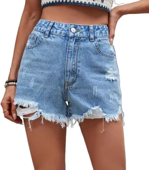 Women's High Waisted Denim Shorts Ripped Distressed Casual Raw Hem Jeans Shorts with Frayed Edge