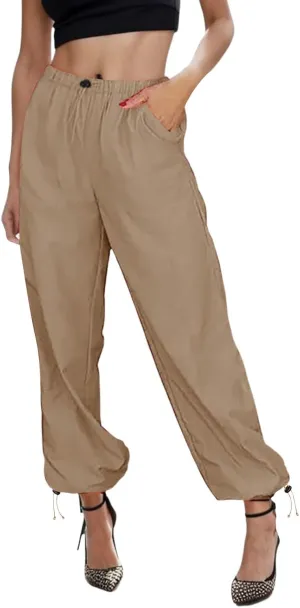 Women's High Waisted Pants Casual Drawstring Workout Baggy Quick Dry Straight Wide Leg Trousers Pockets Streetwear