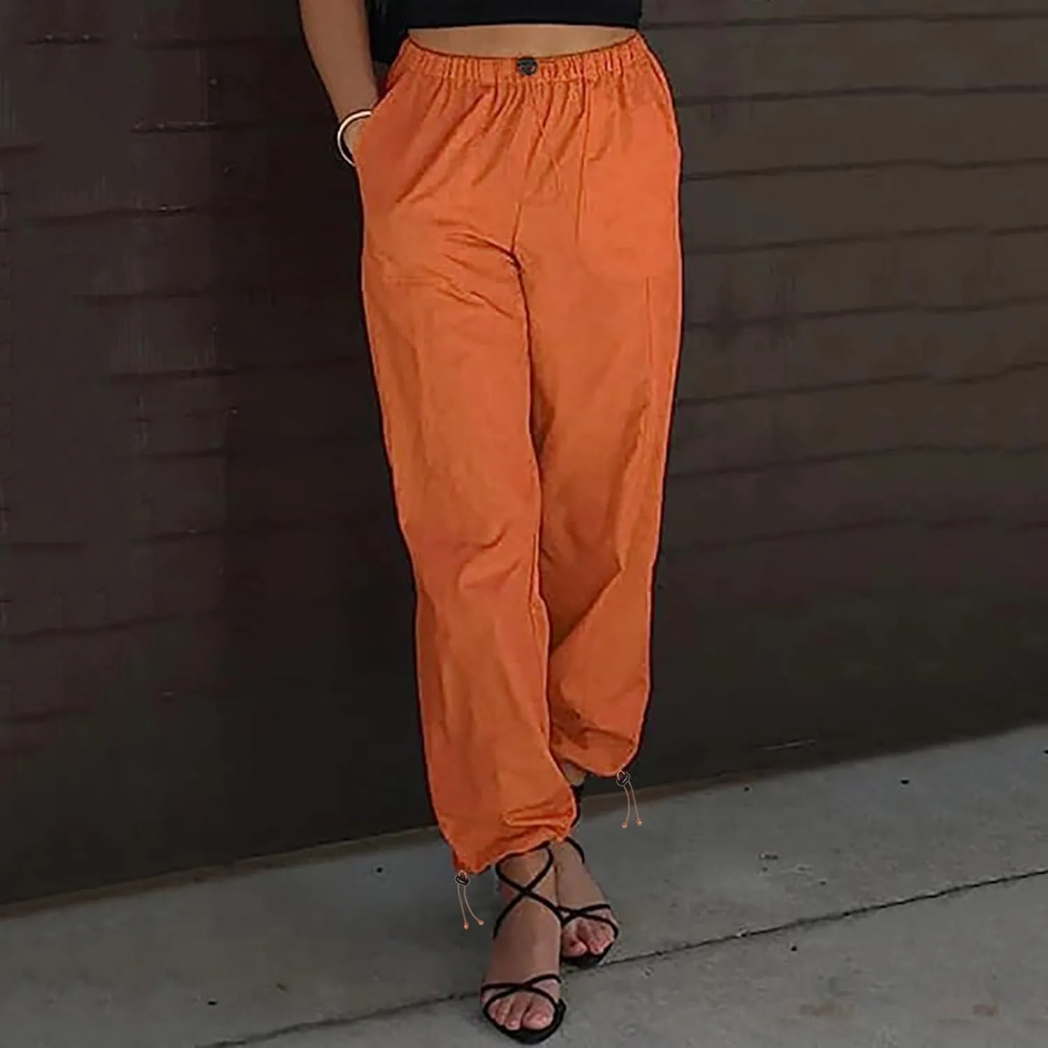 Women's High Waisted Pants Casual Drawstring Workout Baggy Quick Dry Straight Wide Leg Trousers Pockets Streetwear
