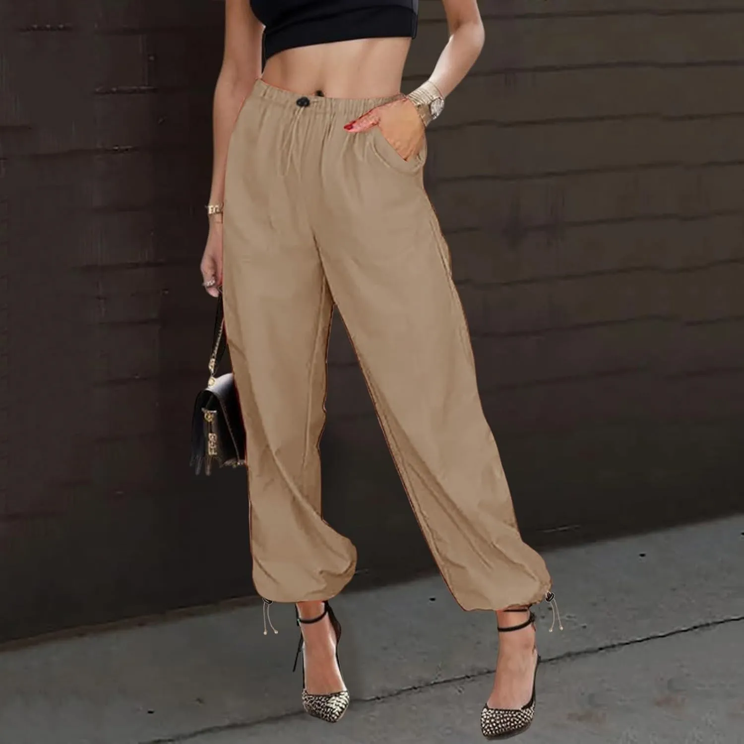 Women's High Waisted Pants Casual Drawstring Workout Baggy Quick Dry Straight Wide Leg Trousers Pockets Streetwear
